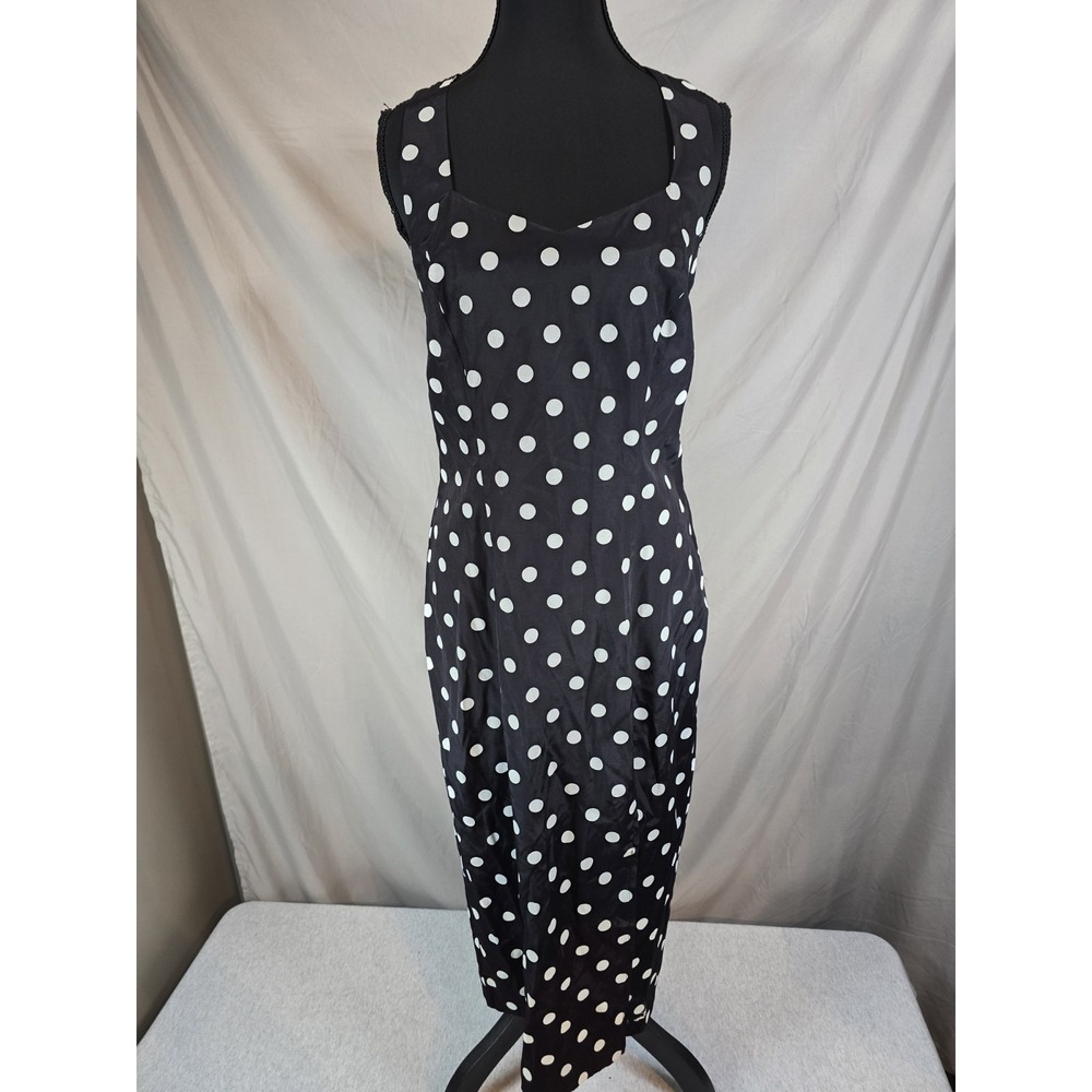 Vintage 80s Gaccina Black White Polka Dot Rayon Sleeveless Dress Size 7/8